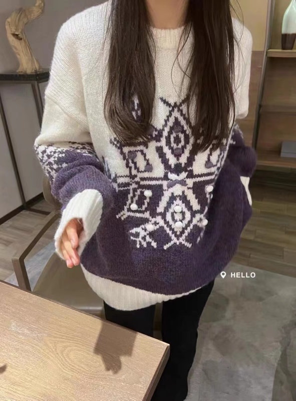 HELLOSHOP秋冬款韓范寬鬆慵懶風立體雪花圓領毛衣軟糯減齡針織衫