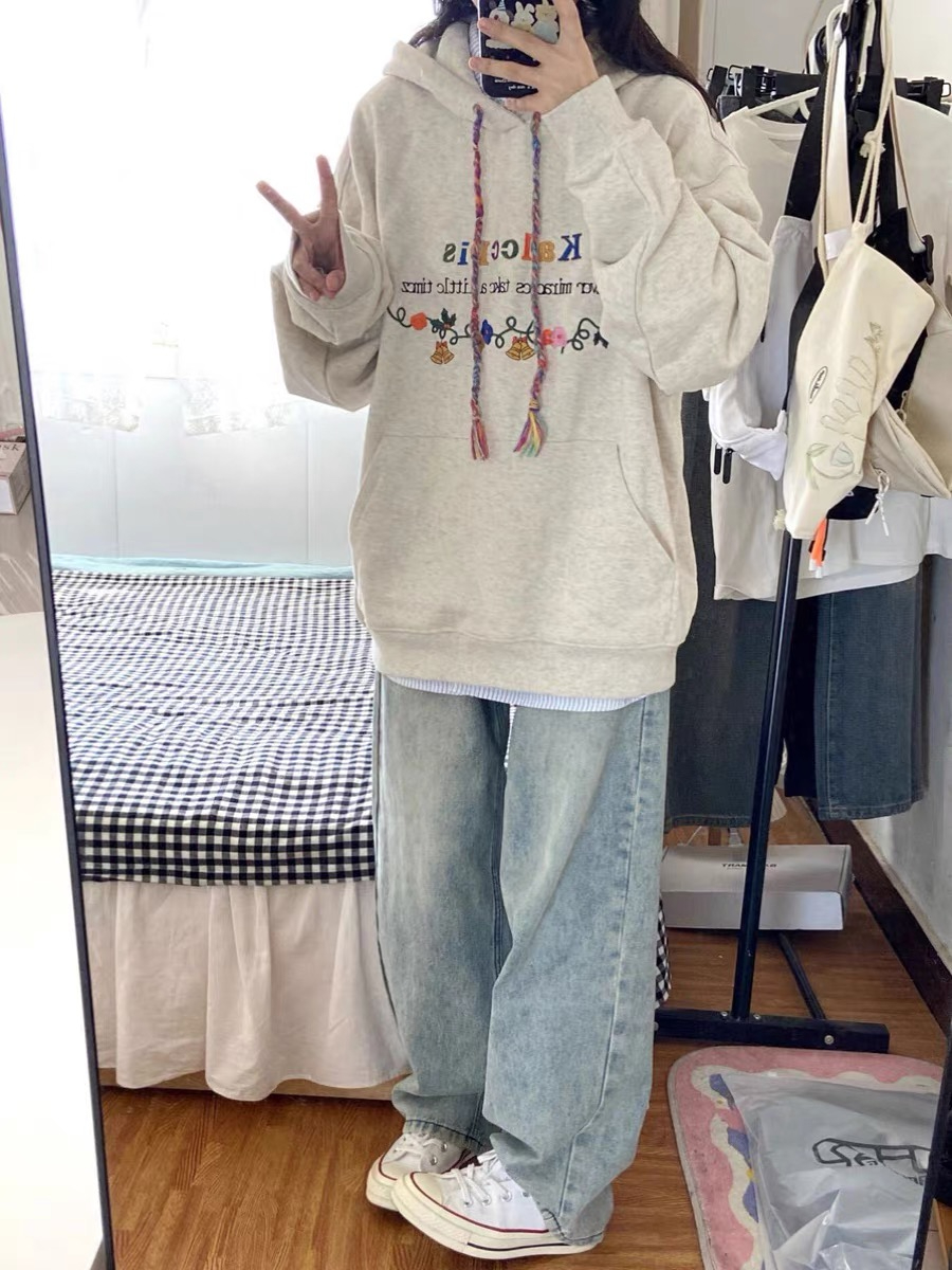 美式復古刺繡連帽衛衣女秋冬2023新款加絨加厚小個子vintage外套