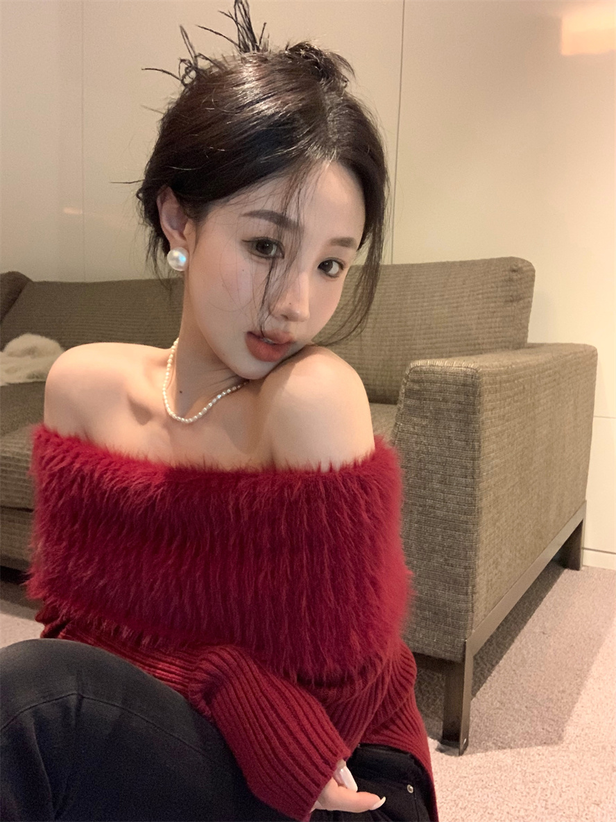 水貂絨新年紅色毛衣秋冬獨特别致純欲辣妹一字肩上衣內搭女打底衫