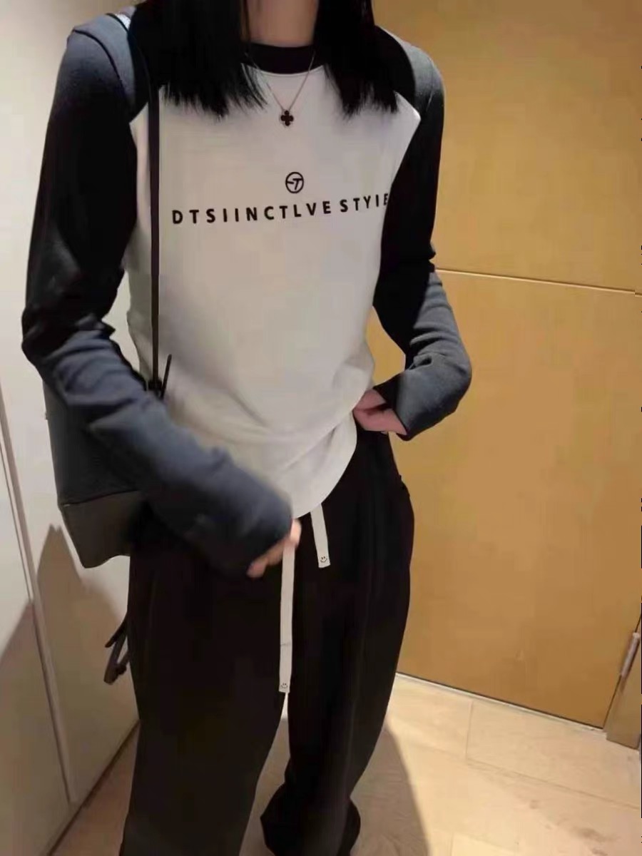 秋冬韓版新款修身拼色字母圓領加厚磨毛長袖T恤女百搭打底衫上衣