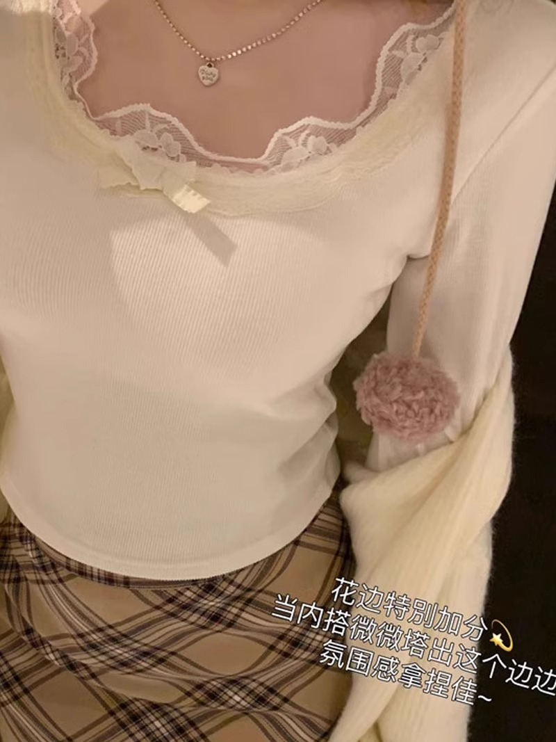 德絨 純欲蕾絲T恤女秋冬帶胸墊加絨短款打底衫上衣