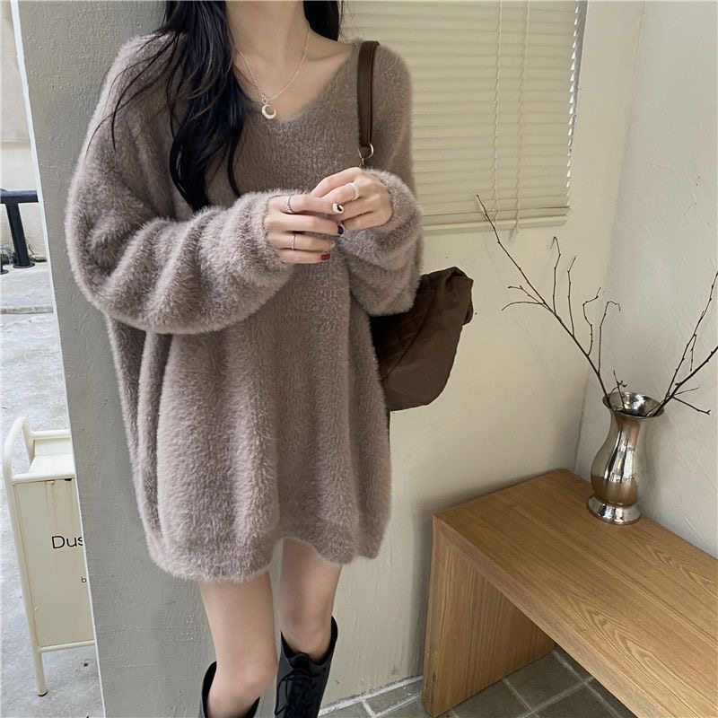 秋冬新款V領仿貂絨軟糯毛衣女慵懶風顯瘦上衣