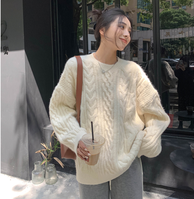 冬裝新款大碼女裝復古套頭麻花毛衣外穿寬鬆慵懶風軟糯針織上衣