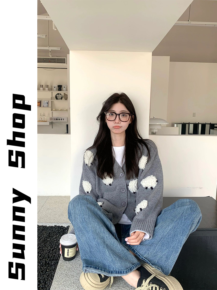 SunnyShop針織開衫女秋2023年新款寬鬆v領點彩澳羊絨綿羊毛衣外套