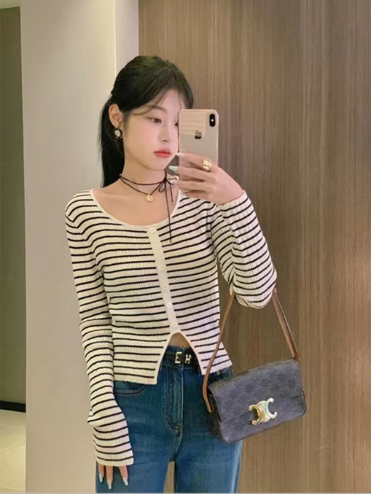 鄒鄒小個子秋冬季款打底衫條紋羊絨衫女修身顯瘦針織開衫毛衣