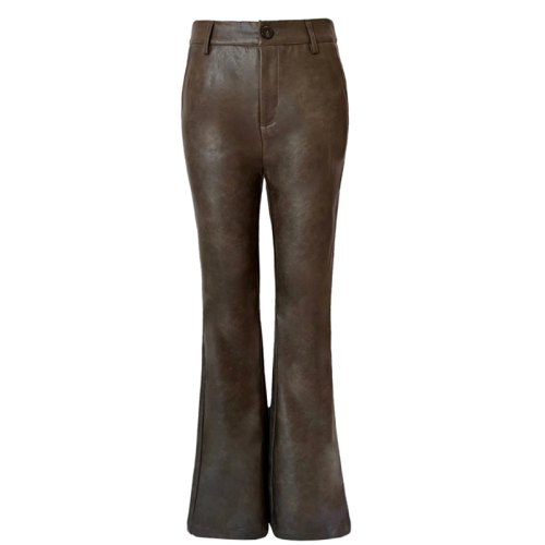 Real shot of American retro Maillard hottie bell-bottom leather pants autumn and winter niche high-end casual pants women's trousers extended