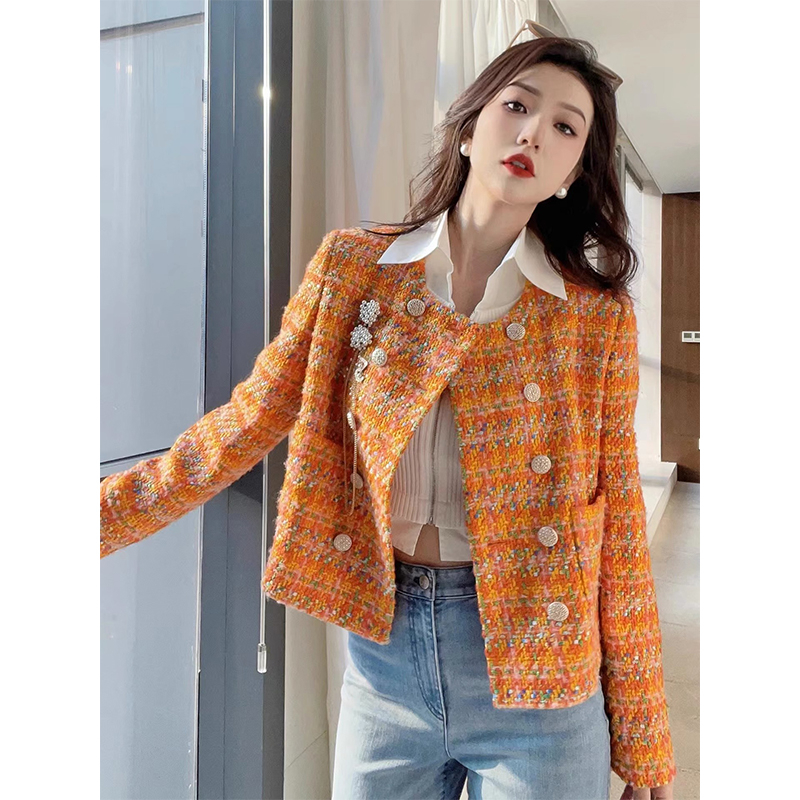 New French style small fragrance style lining orange plaid tweed jacket for women spring and autumn French woven tops