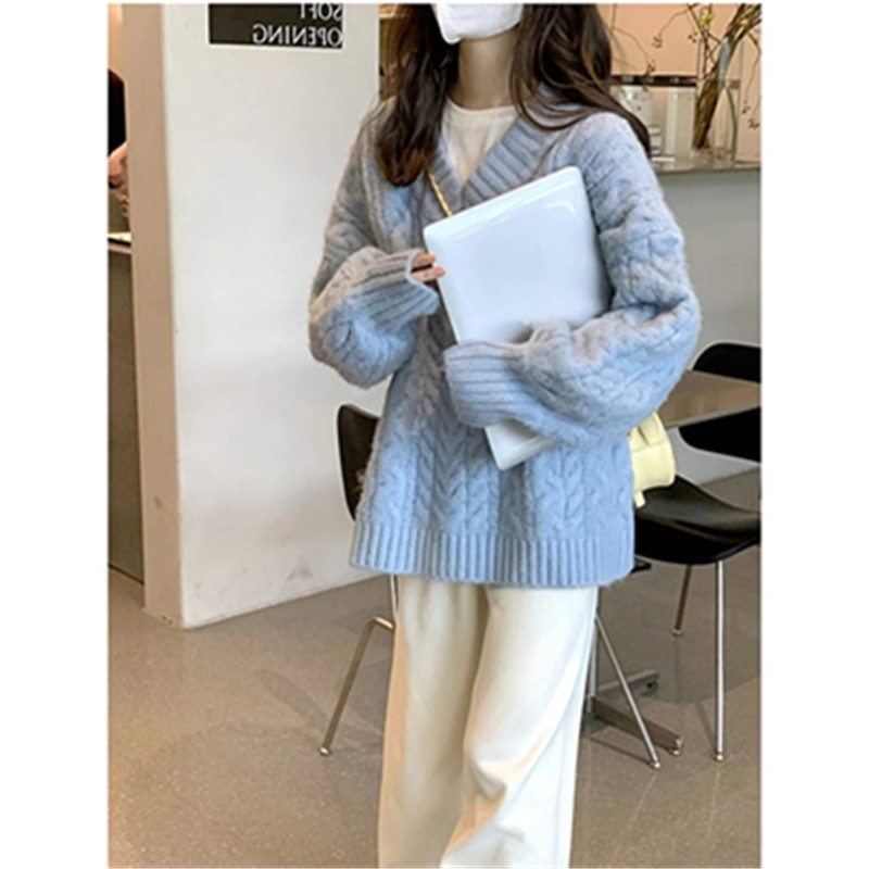 藍色奶fufu的麻花毛衣女秋冬2023年慵懶風寬鬆奶系毛線衣加厚冬季
