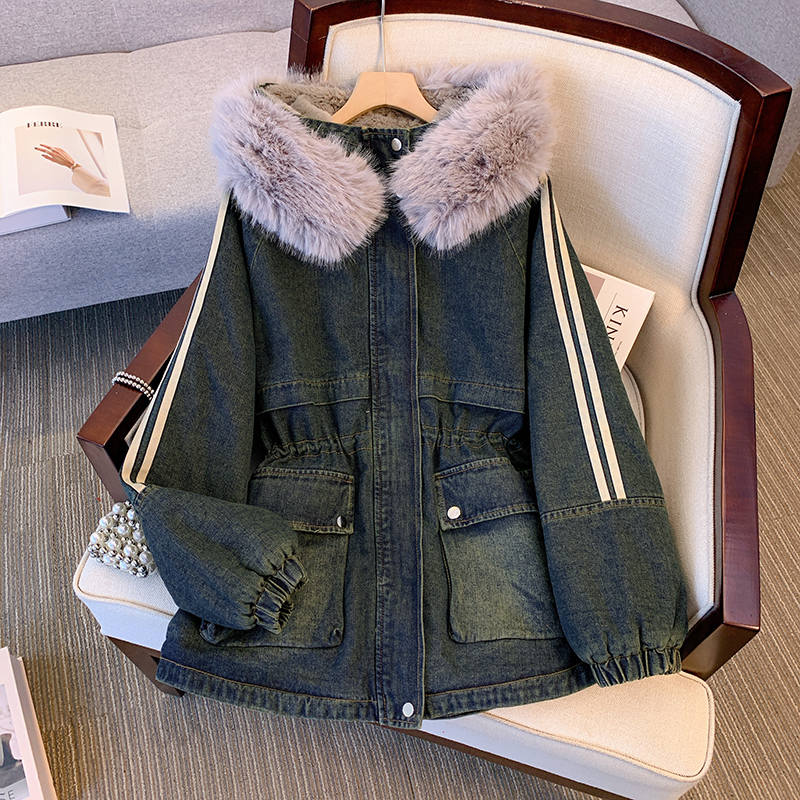 Actual shot of plus size women's clothing 2023 winter new style waist slimming denim cotton coat jacket warm loose versatile cotton coat