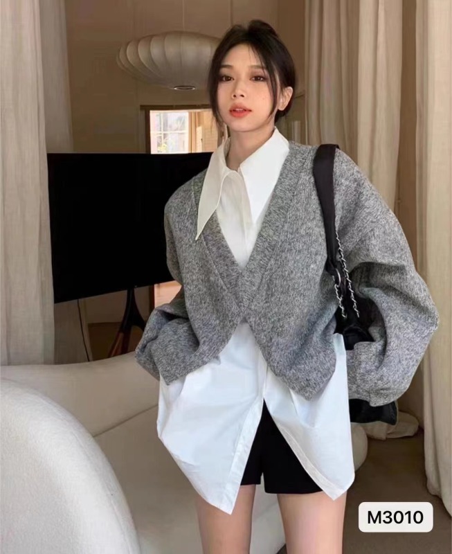 秋冬新款韓系慵懶風V領疊穿開叉寬鬆長袖上衣女