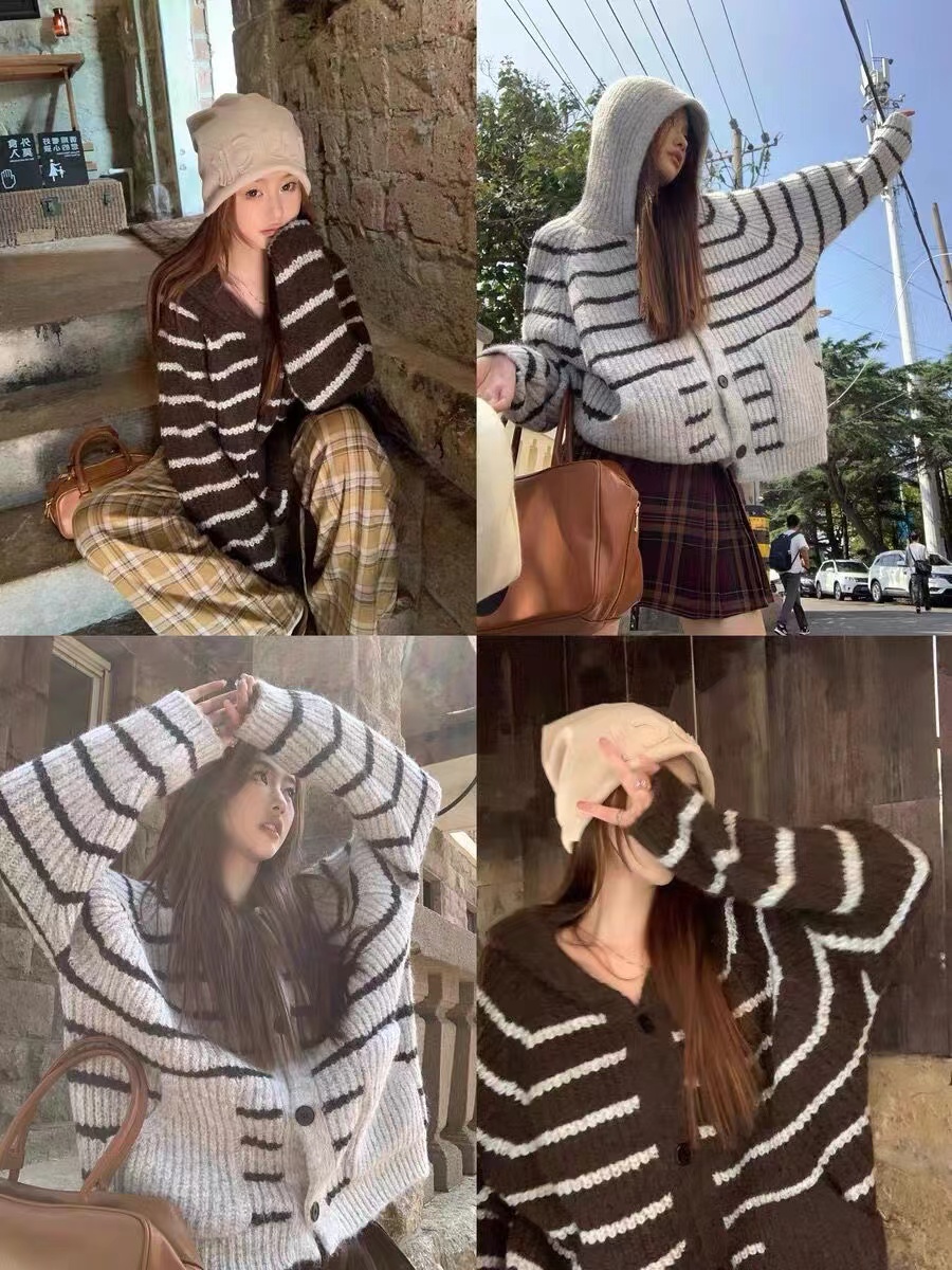 Autumn and winter lazy style soft waxy sweater women's 2023 new thickened striped knitted jacket women's hooded loose top