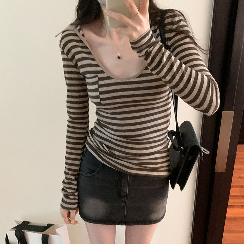 實拍圖美式復古條紋polo領U領辣妹修身長袖T恤女
