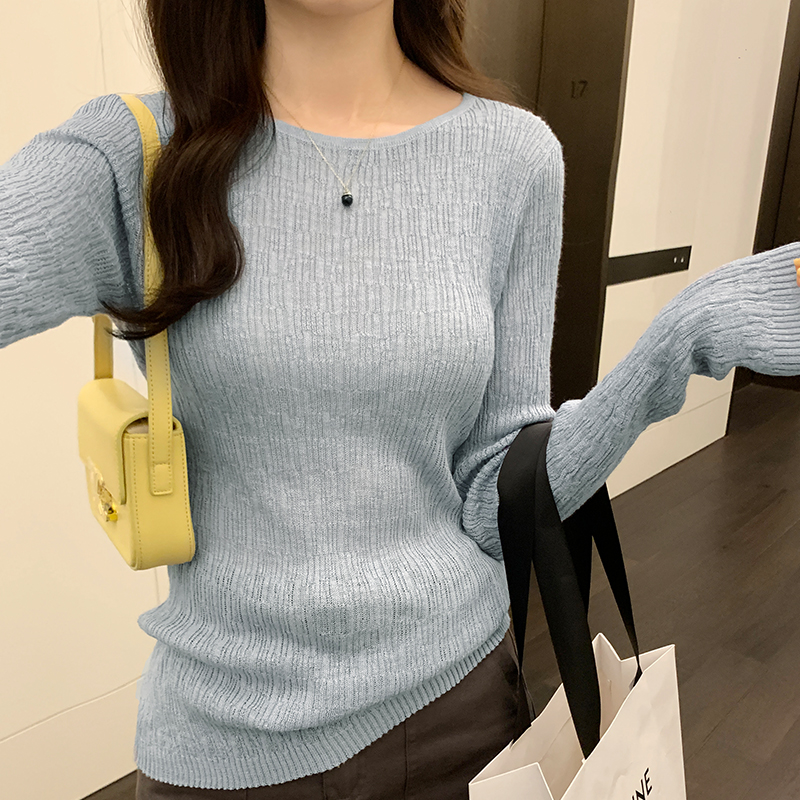 實拍圖竹節麻長袖修身彈力打底衣女2023秋冬新款顯瘦百搭針織衫