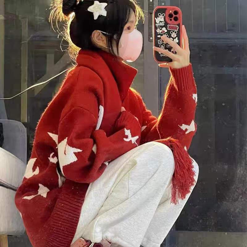 設計感聖誕紅色氛圍感毛衣秋冬季新款女裝星星寬鬆漂亮圓領針織衫