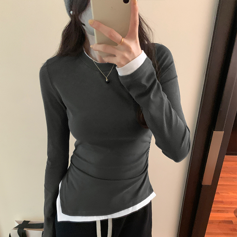 Actual pictures of autumn women's tops, unique and chic, fashionable women's clothing, contrasting colors, fake two-piece irregular bottoming shirts, T-shirts