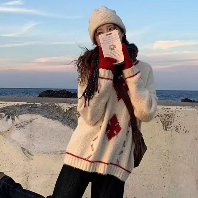 氛圍感毛衣女2023冬季新款寬鬆設計感綿羊絨加厚套頭針織衫上衣潮