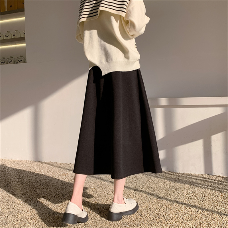 French black woolen skirt for women autumn and winter high waist a line mid-length skirt umbrella skirt winter petite