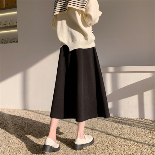 French black woolen skirt for women autumn and winter high waist a line mid-length skirt umbrella skirt winter petite