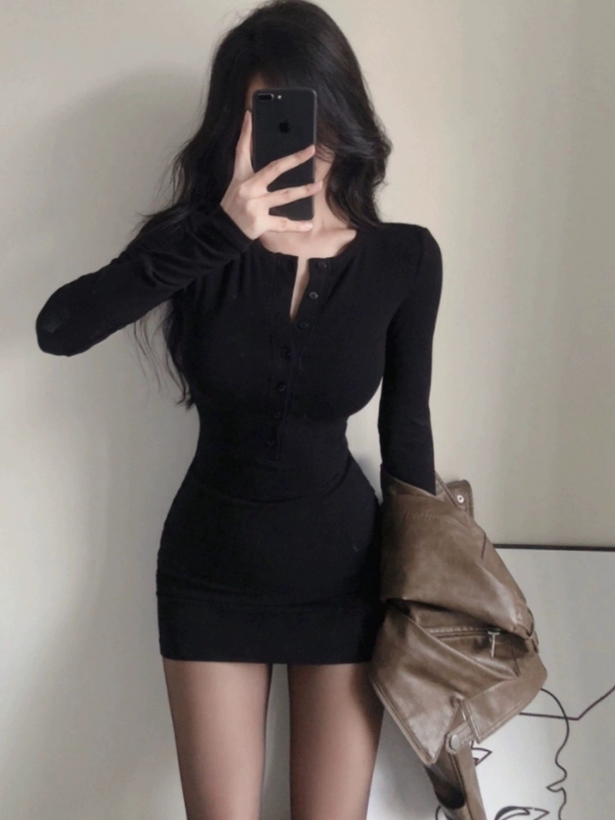 黑色辣妹長袖連衣裙女秋冬季打底內搭氣質裙子純欲風收腰包臀短裙