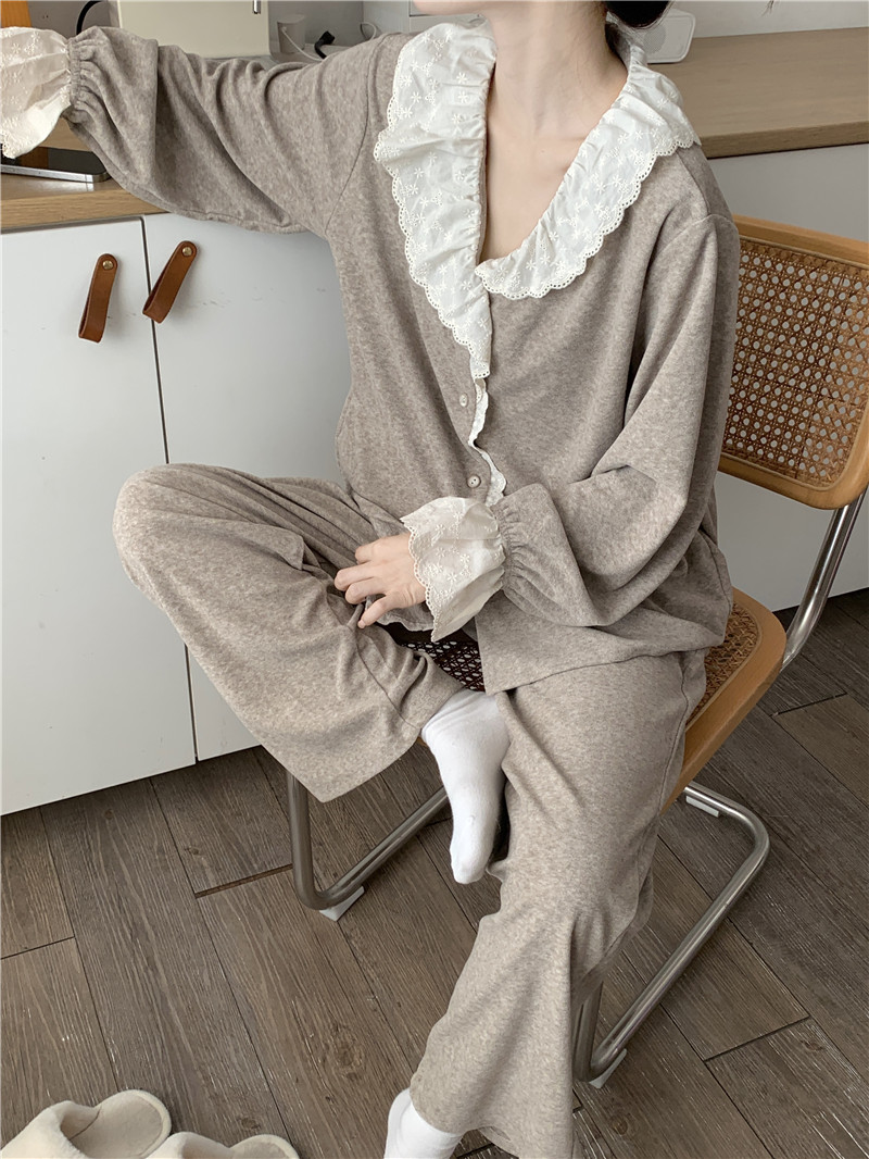 實拍韓版秋冬保暖毛巾絨V領寬鬆親膚蕾絲外穿家居服套裝
