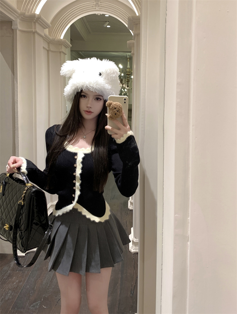 實拍 法式花邊仿水貂毛拼接毛衣女秋冬氣質喇叭袖短款上衣女