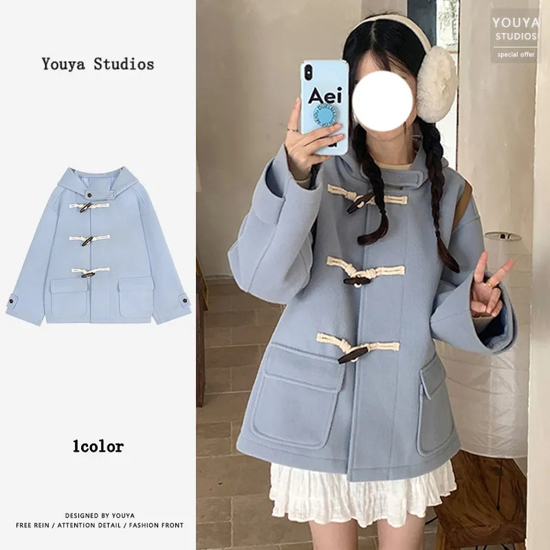 Horn button thickened woolen coat for women autumn and winter 2023 new style small preppy style coat Korean version slimming