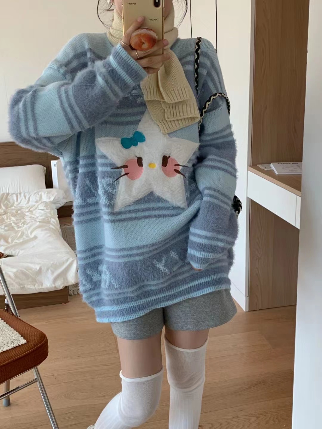 秋冬女新款韓系氣質可愛星星卡通提花減齡加厚長袖打底毛衣