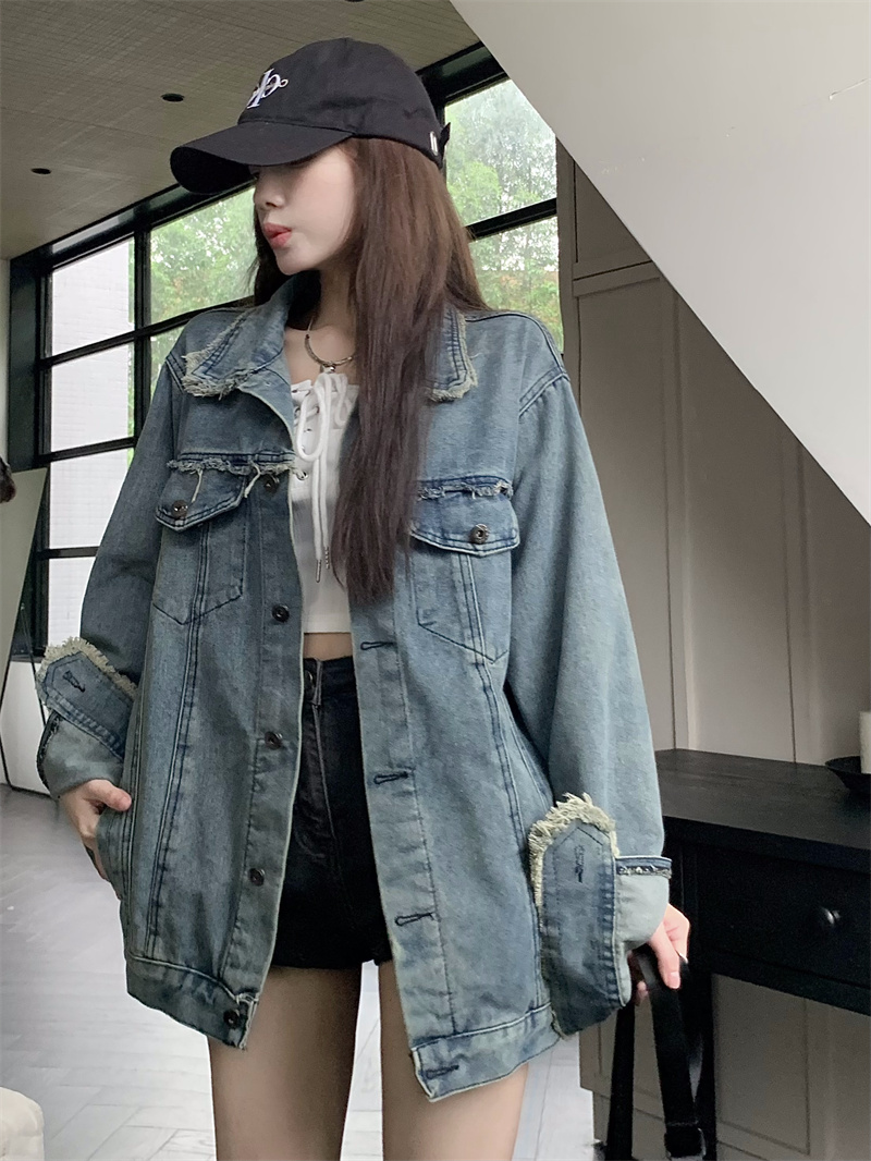 Actual shot ~ 2023 new retro washed design niche Korean version loose tassel raw edge denim jacket