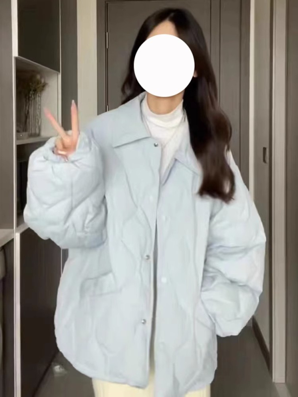 奶fufu藍色菱格棉服冬季可愛慵懶風小個子設計感小眾翻領棉衣外套