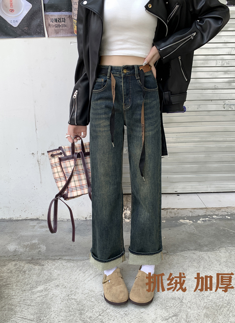 實拍 2023秋冬抓絨加厚新款深藍色牛仔褲女高腰直筒顯瘦褲子