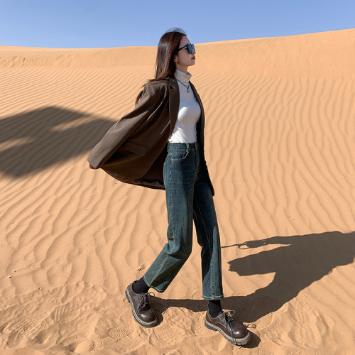 Photographed~  Autumn/Winter Korean Version Fleece Lined Thick Fleece Straight Leg Smoked Pipe Jeans 4-Way Stretch Ins Loafers