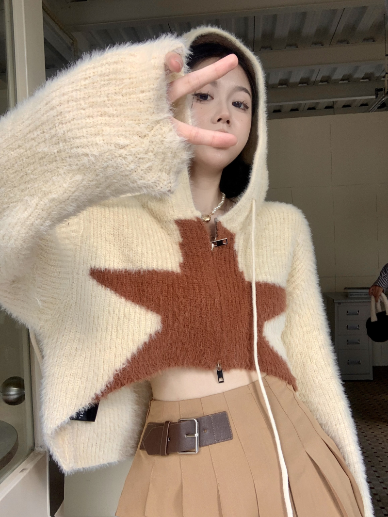 Real shot American design versatile knitted cardigan sweater star print hooded short jacket