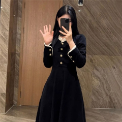 Gold velvet French Hepburn style long-sleeved black dress women's autumn new style rich little daughter's fragrant style long dress