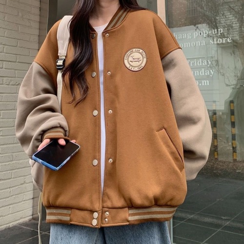 Lazy style baseball uniform jacket for women in autumn and winter plus velvet American retro loose casual cardigan sweatshirt ins for women