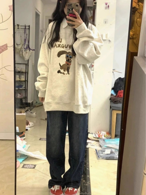 美式復古無帽衛衣女款秋冬2023新款寬鬆慵懶風加絨中長款上衣