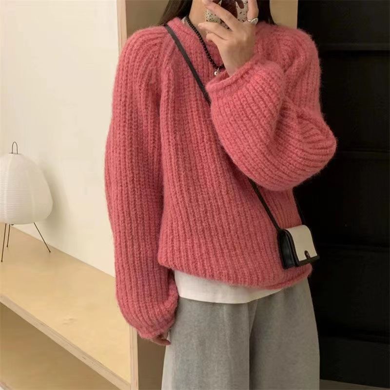 慵懶風卷邊粗毛線毛衣2023秋冬新款女寬鬆顯瘦韓版圓領上衣針織衫