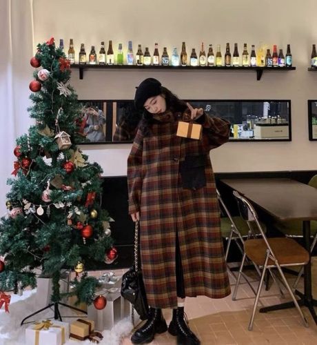 Christmas shirt style exquisite plaid new woolen coat women's mid-length small stand-up collar Korean style fashion coat jacket