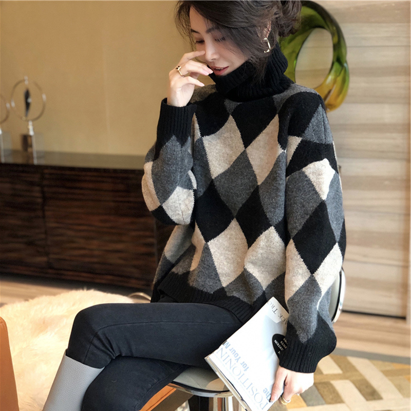 針織衫女2023年秋冬新款港味復古寬鬆外穿中長款高領菱格拼色毛衣