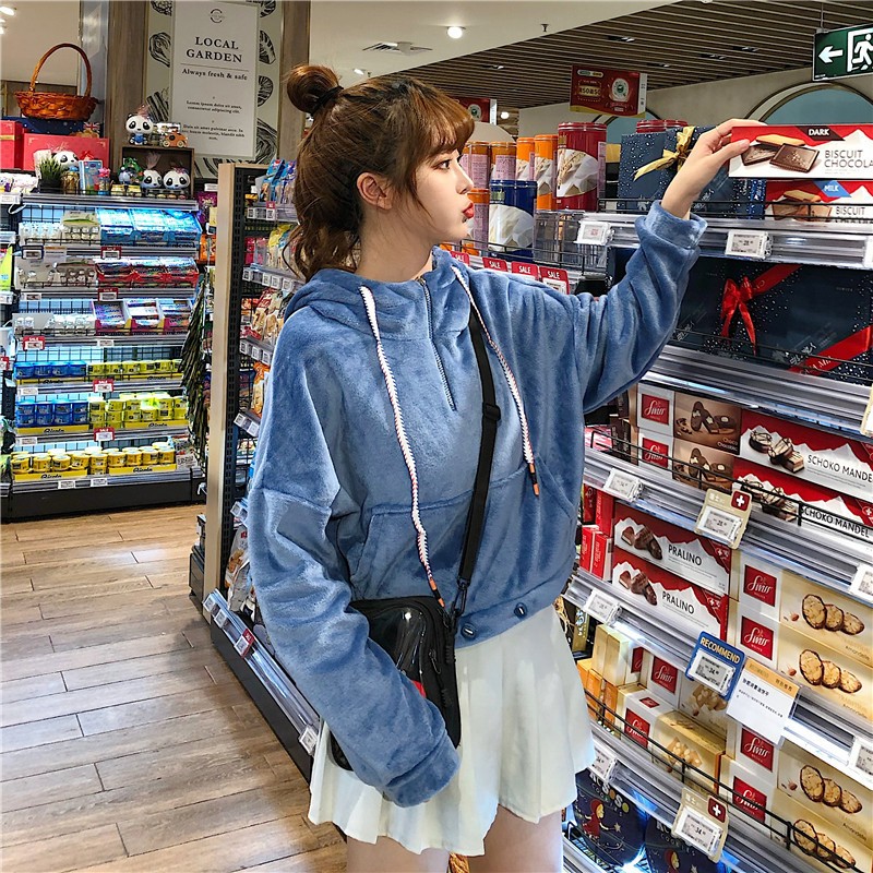 Autumn and winter Korean version of the new ultra-short pullover jacket, trendy and loose bf lazy fleece warm hooded sweatshirt for women