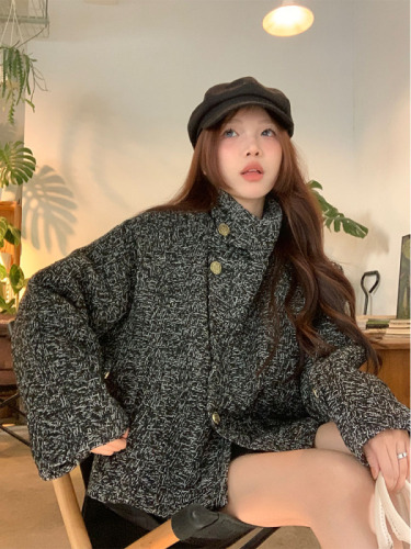 Actual shot of autumn and winter Korean chic simple temperament mixed color short coat thickened warm jacket