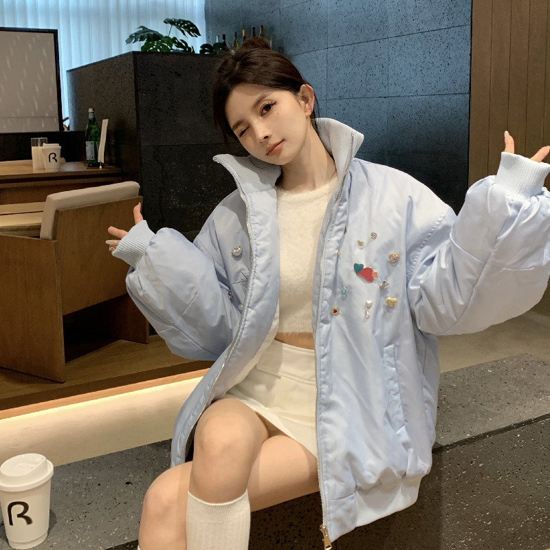 實拍#高級感重工鑲鑽刺繡立領棉服外套2023冬季潮流韓版寬鬆棉衣