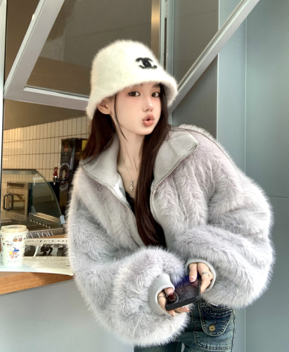 Actual shot of Korean style temperament waisted short imitation fox fur eco-friendly fur coat