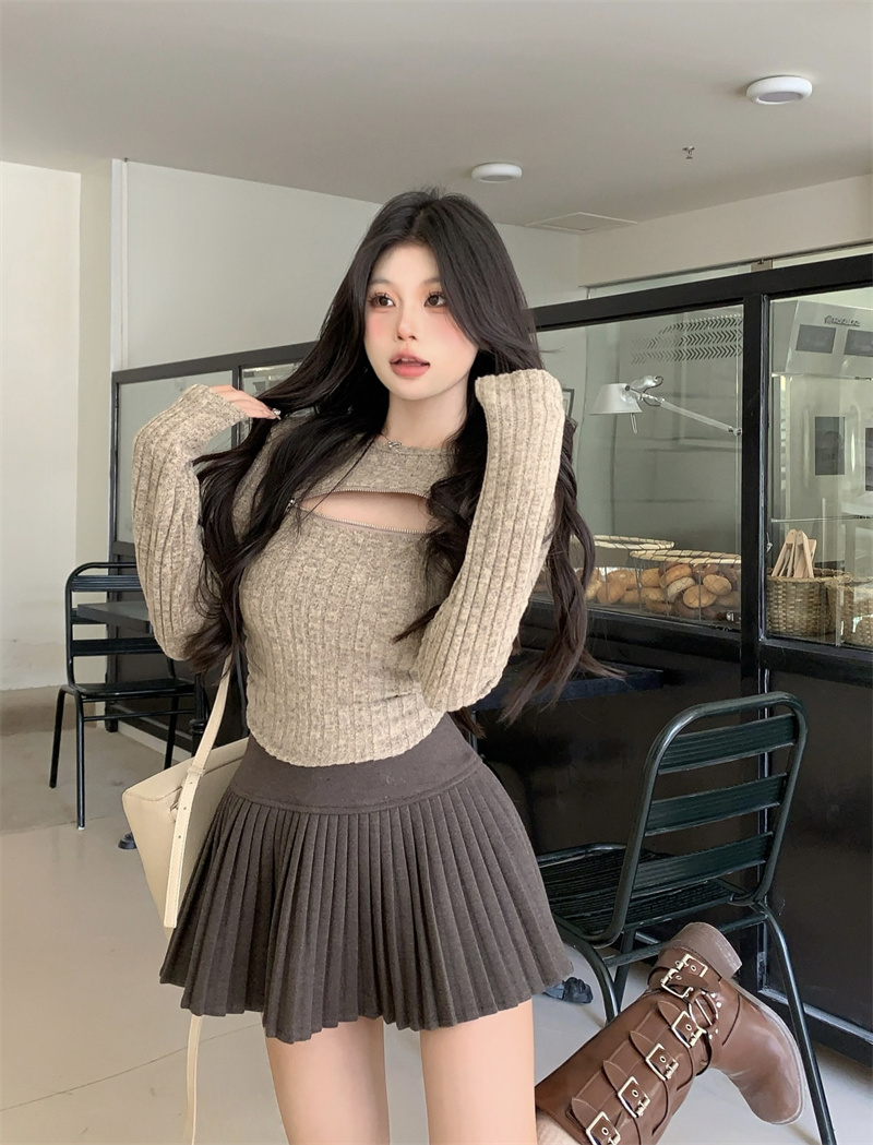實拍 少女性感柔軟可拉拉鏈圓領針織長袖打底衫百褶裙套裝