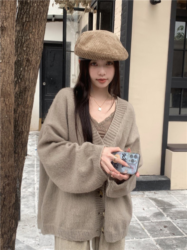 Real shot of khaki thickened lazy style loose Korean style knitted cardigan sweater jacket