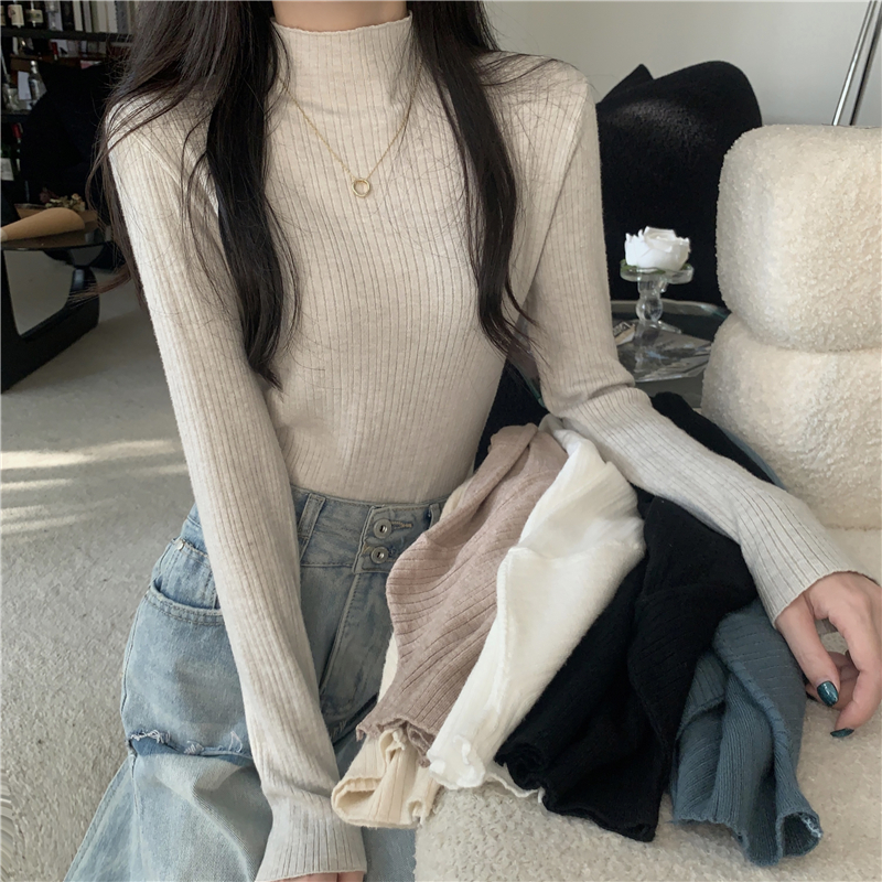 Real shot of new autumn and winter half turtleneck knitted sweater slim long-sleeved bottoming shirt top