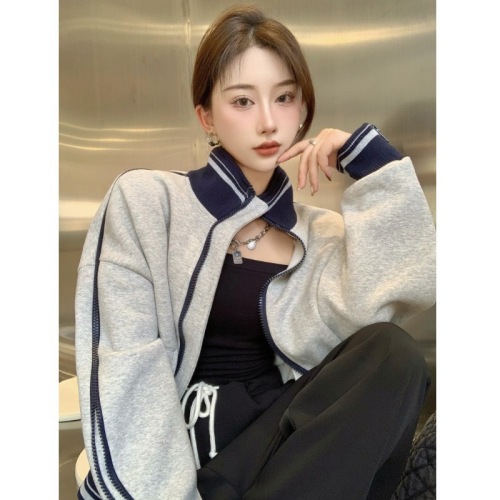 Lazy style stand-up collar baseball jacket for women spring and autumn loose casual splicing design tops for small people ins