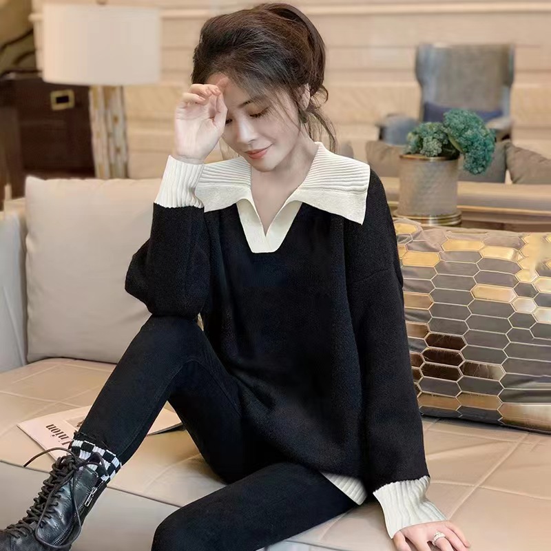 黑色翻領毛衣女慵懶設計感小眾寬鬆針織衫上衣秋冬新款歐洲站