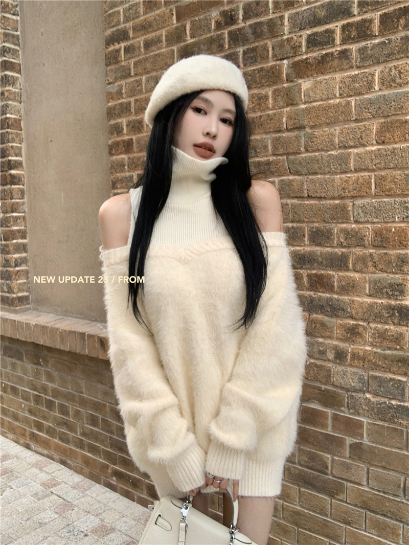 實拍  高級感露肩毛衣女秋冬寬鬆拼接假兩件針織外套