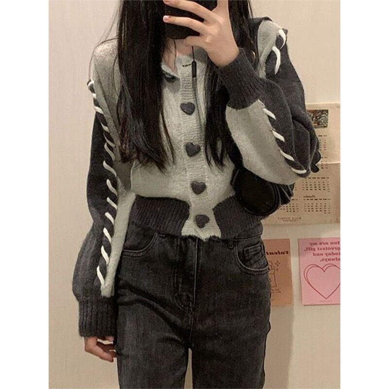 Autumn and winter design niche contrasting color patchwork cardigan lazy love button knitted jacket