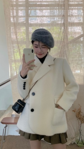 Actual shot Korean style slimming white soft woolen coat versatile student long-sleeved suit jacket
